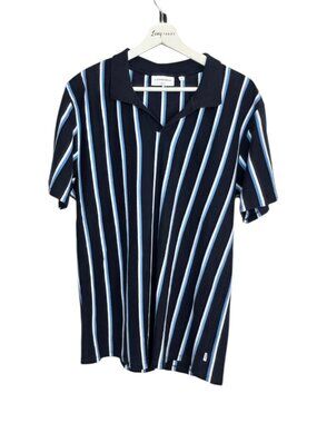 Lindbergh Men's Short Sleeve V-Neck Slim Fit Shirt, Striped, Blue, Cotton, Sz XL